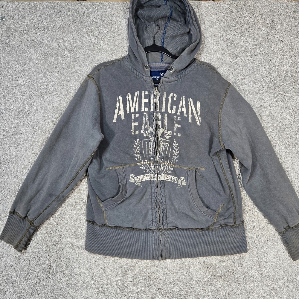 American Eagle Full Zip thermal graphic Hoodie Men Medium gray distressed stains